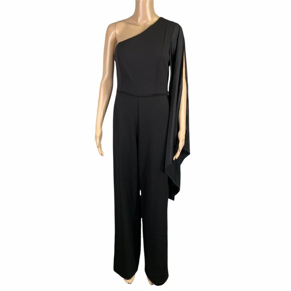 Adrianna Papell Black Formal One Shoulder Drape Sleeve Jumpsuit - Picture 1 of 16